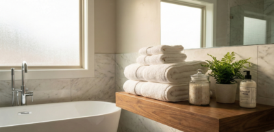 Thick white bath towels neatly folded on a wooden shelf in a luxury hotel bathroom