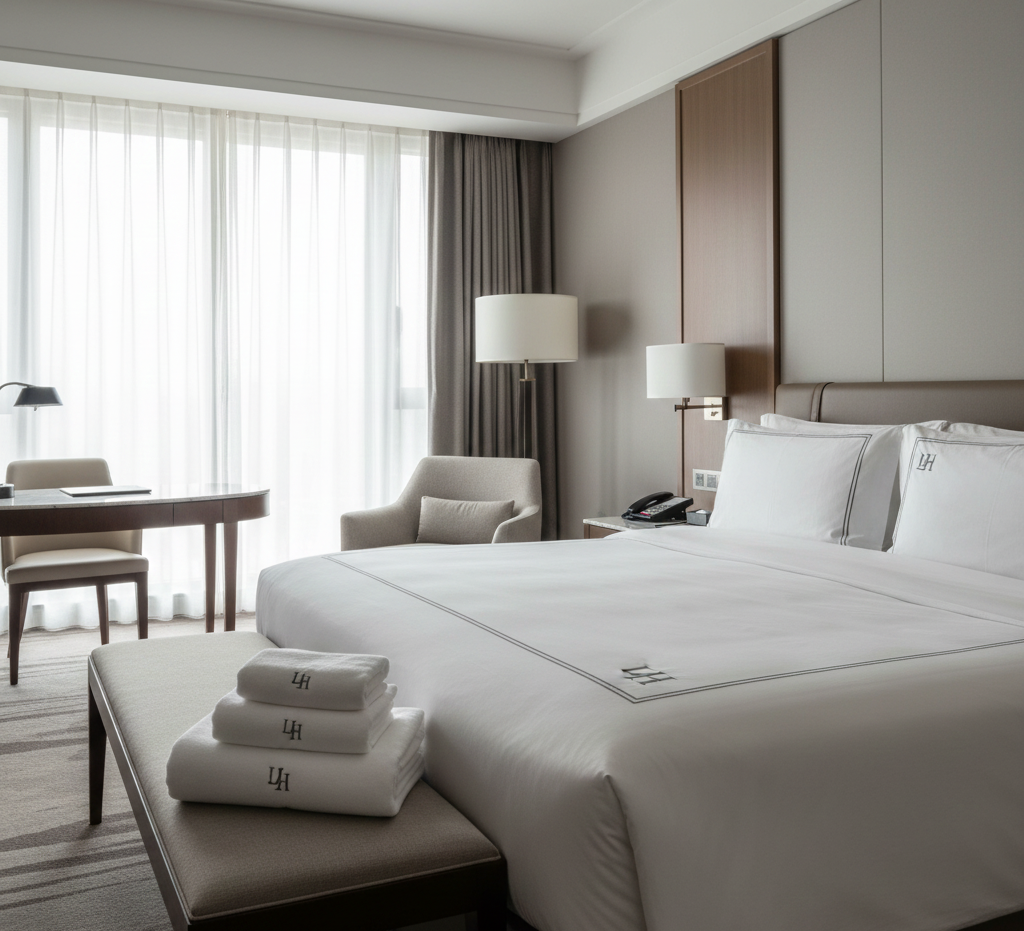 Minimalist luxury hotel bedroom with modern white bed linen and soft textures
