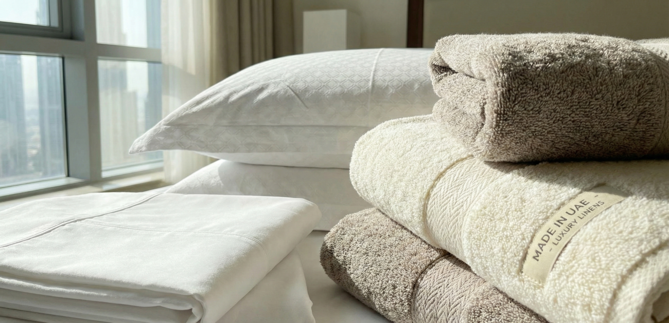 Close-up of soft, high-quality hotel bedsheets and towels sourced from UAE local linen suppliers.