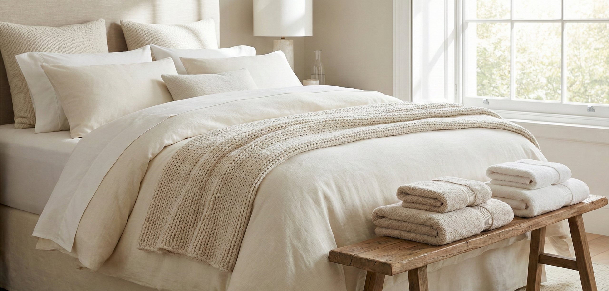 Comfortable hotel bed with luxury linens and towels