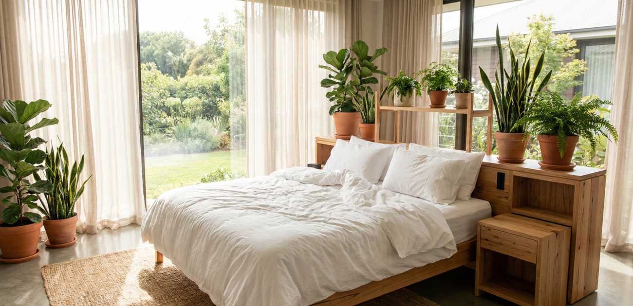 Eco-friendly hotel bedroom with sustainable luxury bed linens