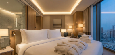 Luxury Hotel Suite with City View at Dusk