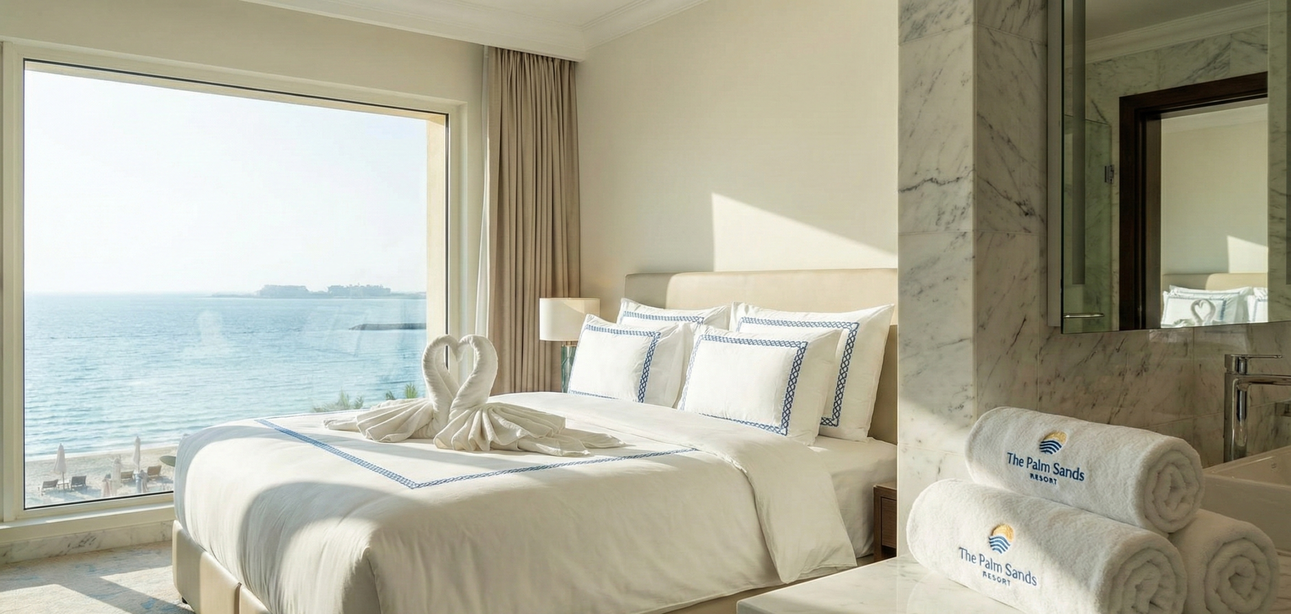 Premium hotel bed linens and towels neatly arranged in a Dubai resort room supplied by local linen manufacturers.