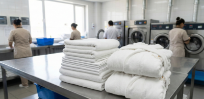 Stack of premium hotel linens including towels, bed sheets, and bathrobes