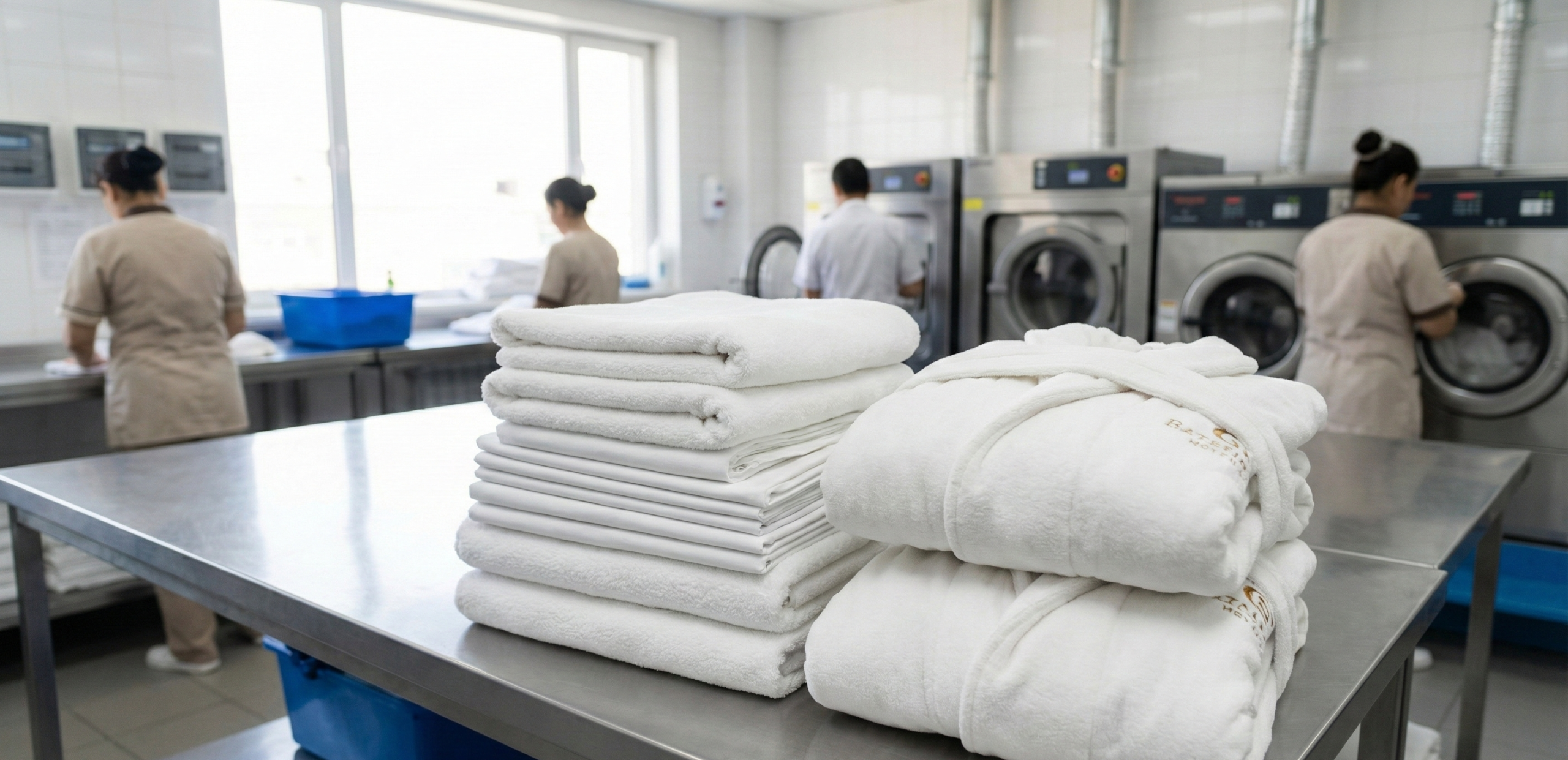 Stack of premium hotel linens including towels, bed sheets, and bathrobes