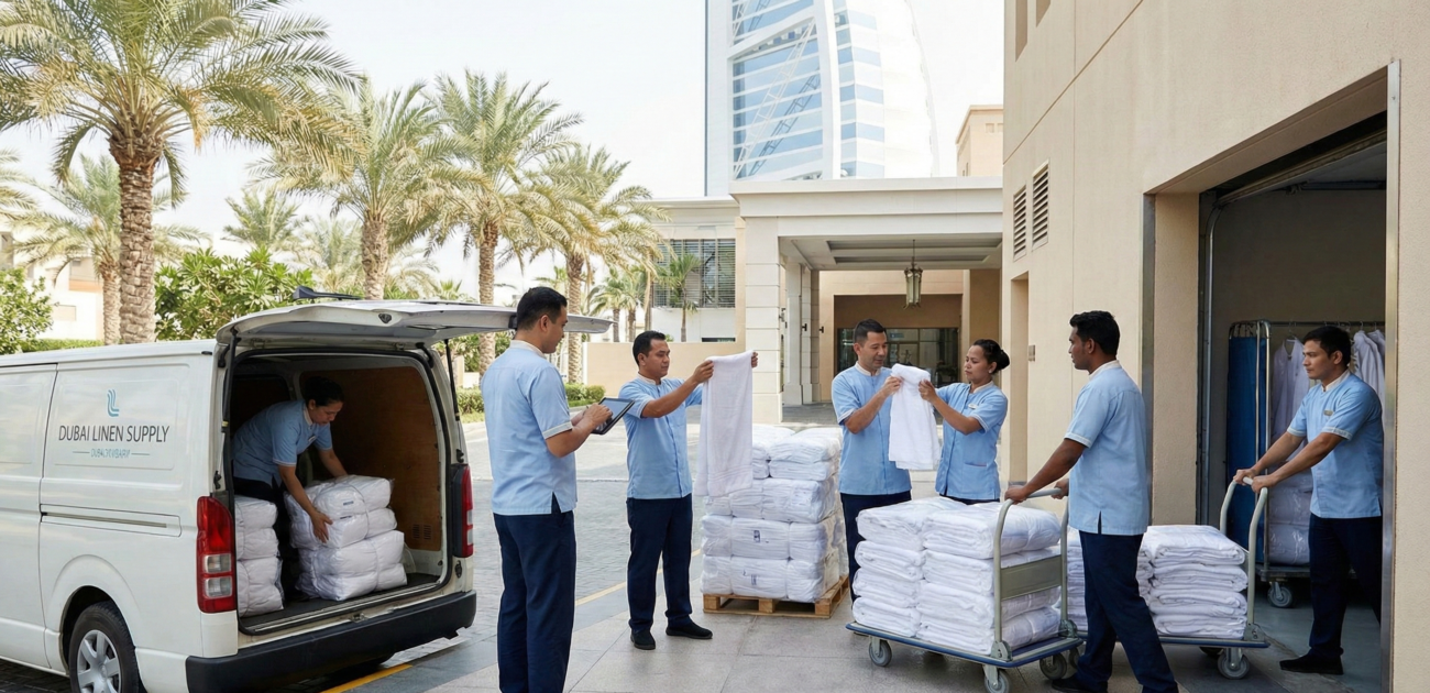 Dubai resort housekeeping team handling fresh linens delivered by local suppliers to ensure comfort and guest satisfaction.