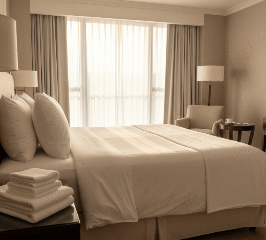 How to Choose the Best Hotel Linen Supplier in UAE 2 Sunlit hotel bedroom featuring fresh white linens and stacked towels