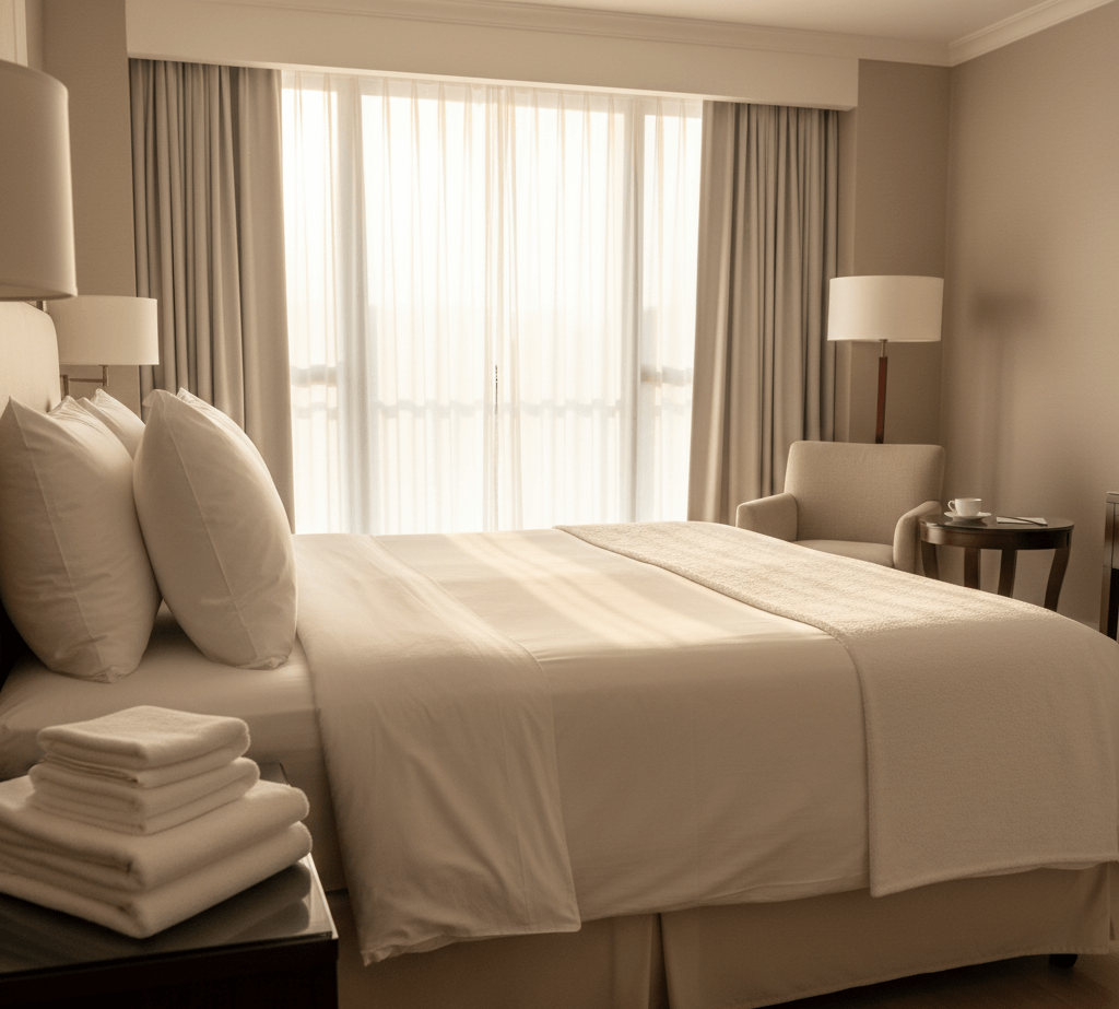 Sunlit hotel bedroom featuring fresh white linens and stacked towels