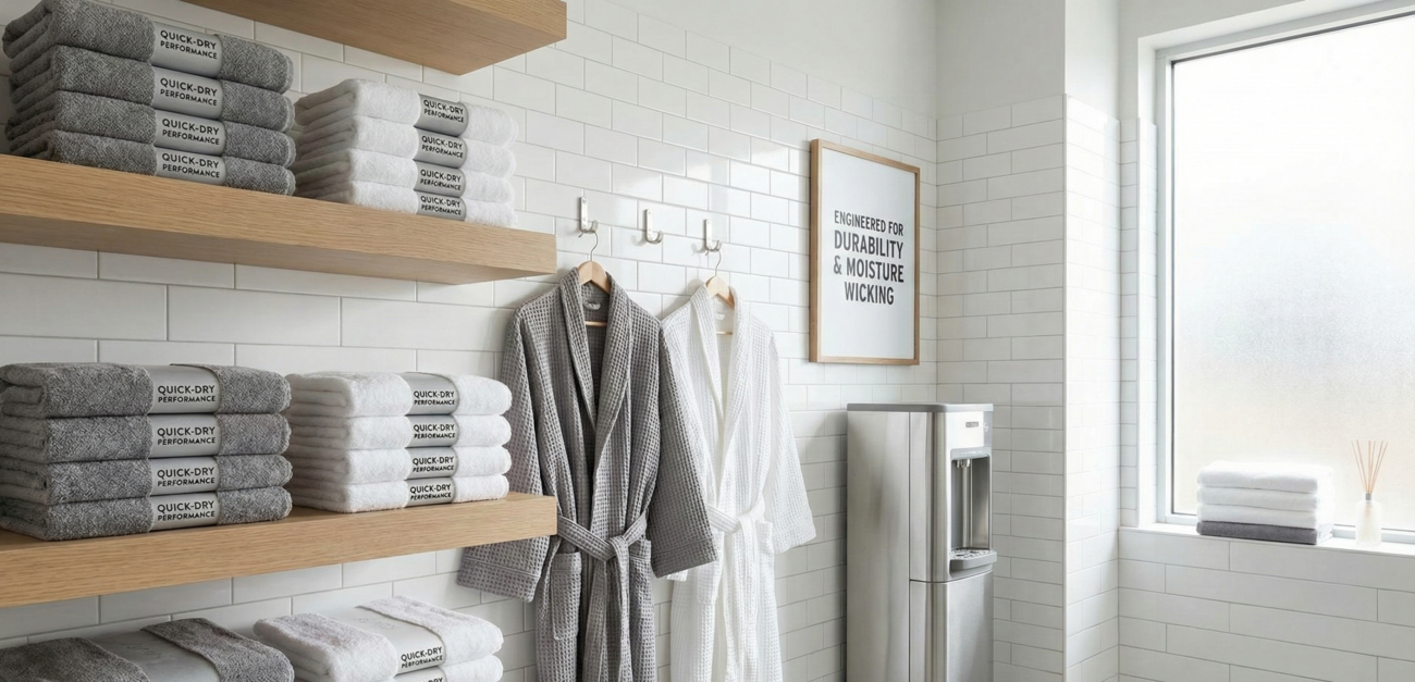 Quick-dry and moisture-wicking hotel towels and robes in a spa area.