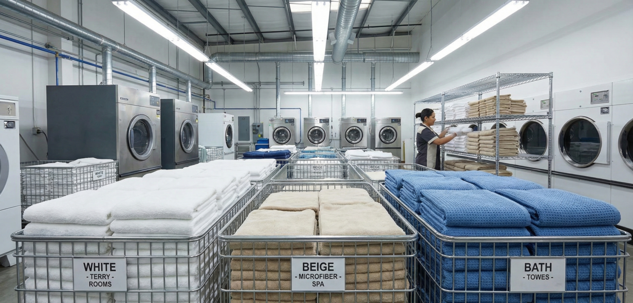 Hotel towels sorted by color and fabric type in commercial laundry setup.