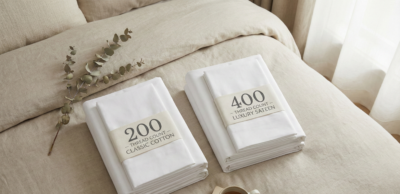 Hotel sheet thread count comparison showing 200TC and 400TC bedding