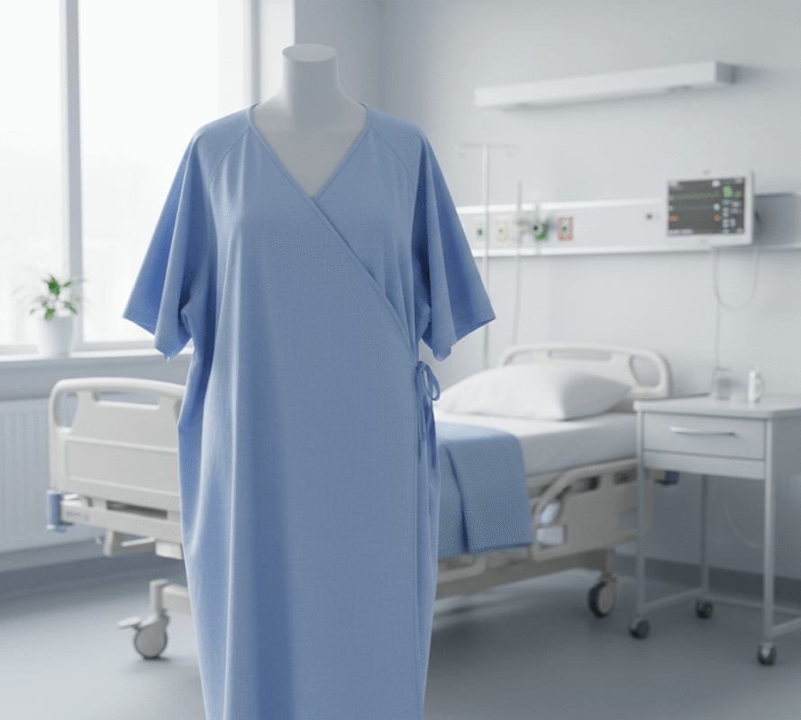 Guide to Choosing Comfortable and Durable Hospital Gowns 1 Blue wrap-style patient examination gown displayed in a hospital room