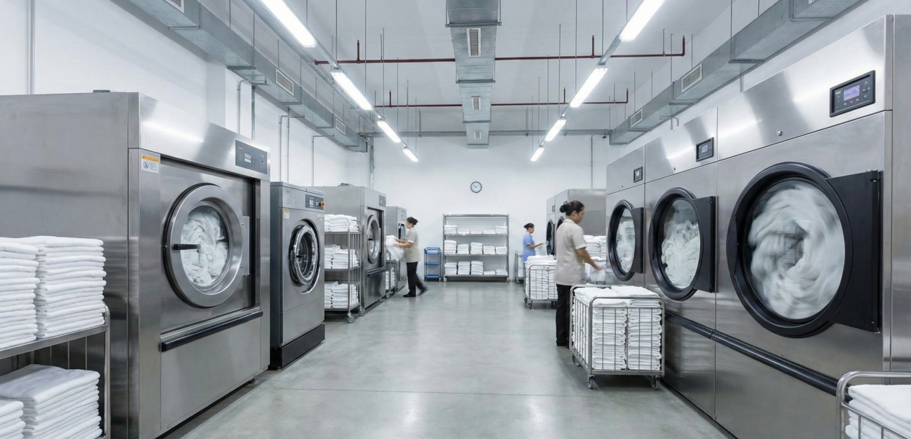 What Makes Hotel Towels Durable? Materials, Weaves & Care Tips 1 Commercial hotel laundry handling towels to maintain durability and softness