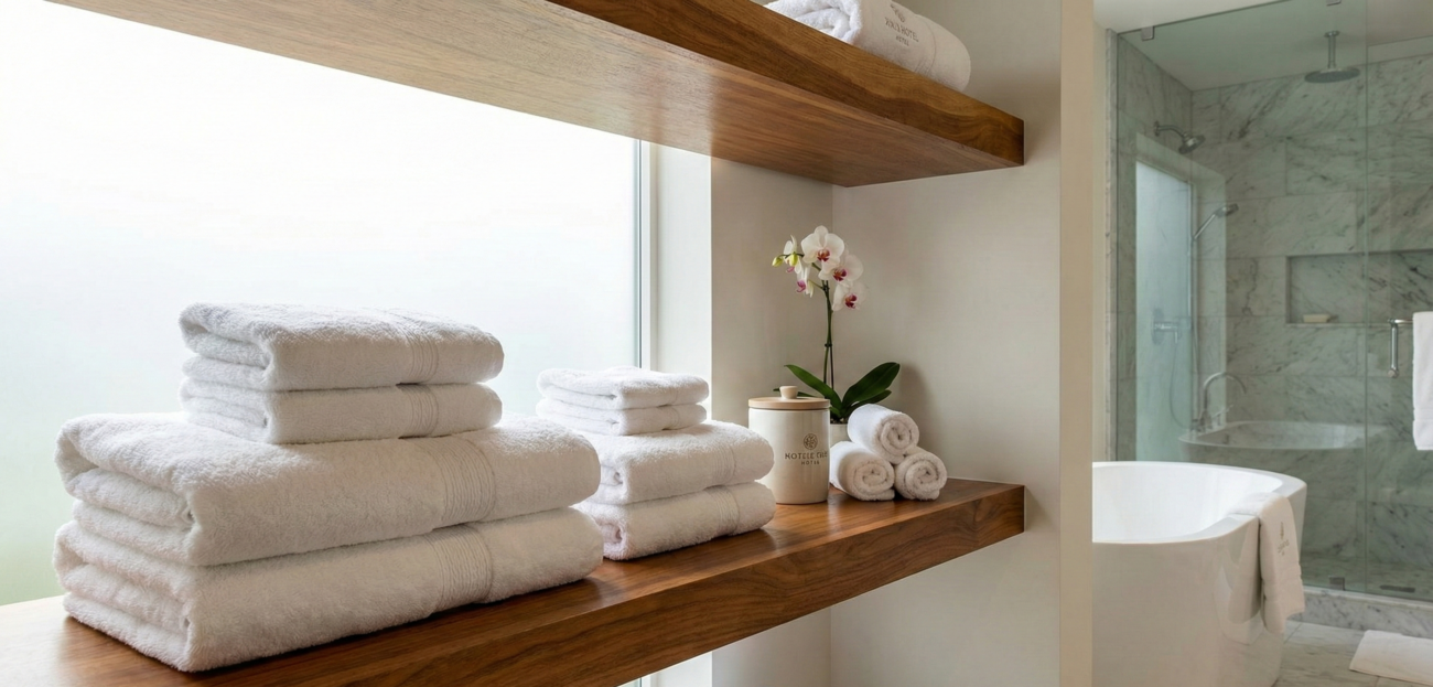 What Makes Hotel Towels Durable? Materials, Weaves & Care Tips 3 Durable hotel towels neatly folded in a luxury guest room bathroom