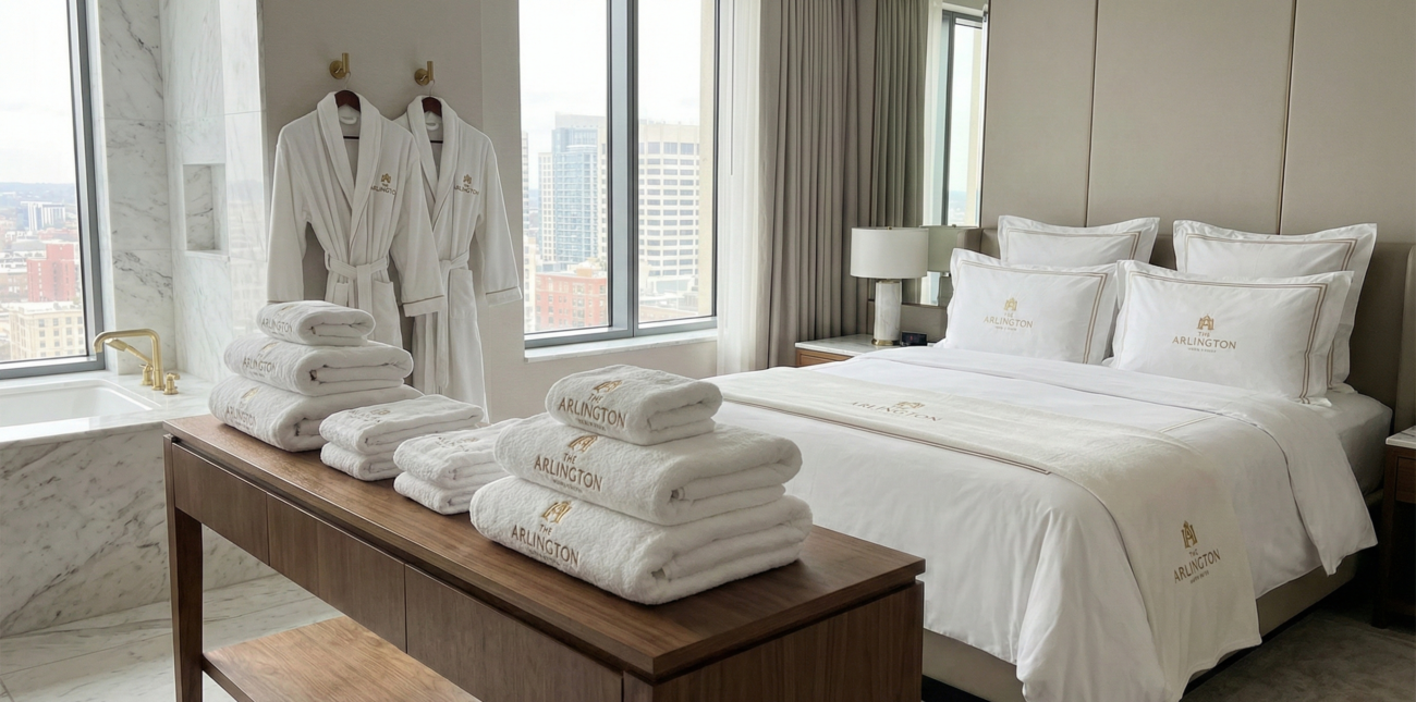 Personalized hospitality linens including towels and bathrobes with hotel logo