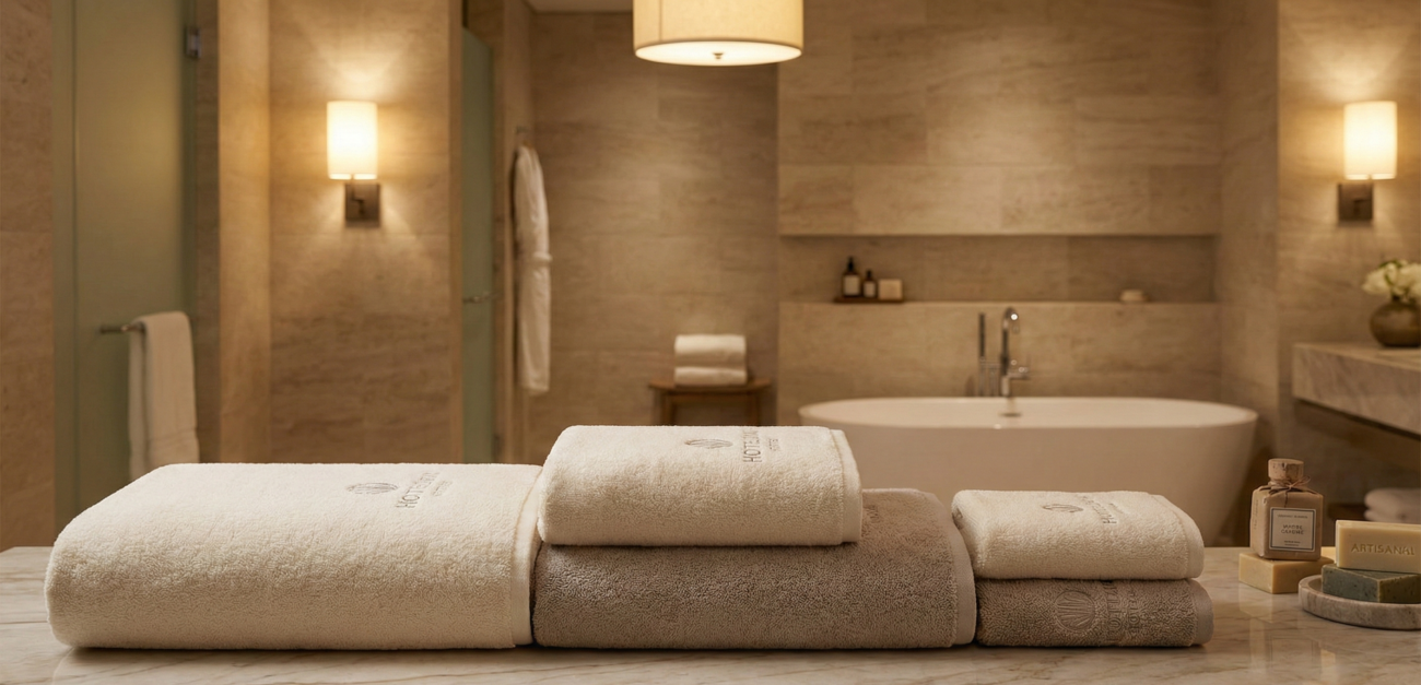 Hotel Towel Sizes & What They Mean (Bath, Hand, Pool & More) 9 Close-up of luxury hotel towels showing terry loop weave and durable fibers