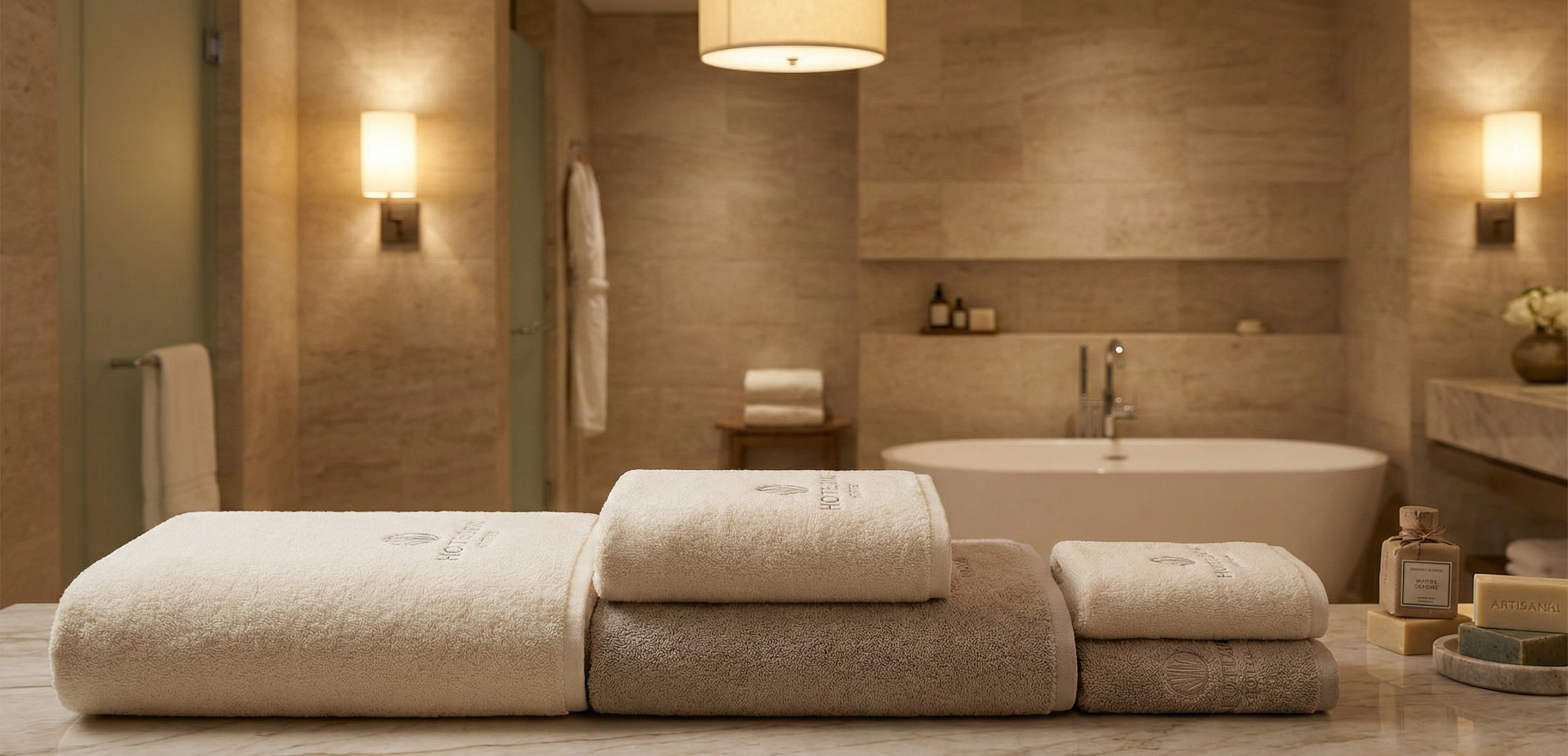 Close-up of luxury hotel towels showing terry loop weave and durable fibers