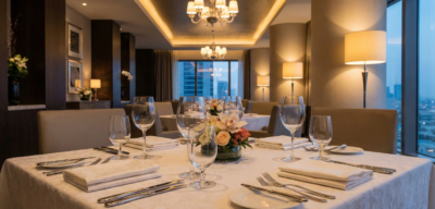 Refined Dinner Setting in a Contemporary City-View Dining Room