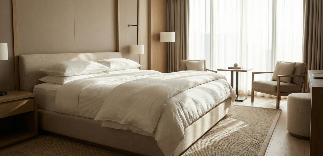 Luxury hotel room showcasing custom branded linens with subtle logo embroidery