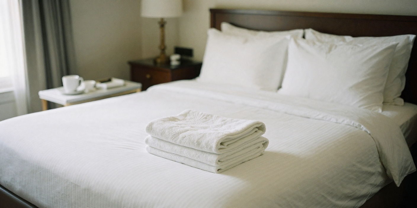 Commercial grade linen displayed on a hotel bed with crisp white sheets and neatly arranged towels in a modern hotel room.