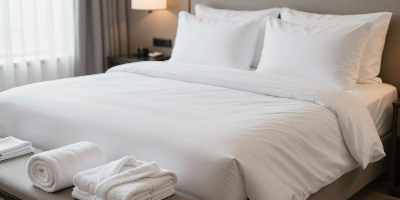 What Counts as Hotel Linen Items in Hospitality? 4 Hotel linen items displayed in a modern hotel room, including crisp white bed sheets, plush pillows, rolled bath towels, and dining linen.