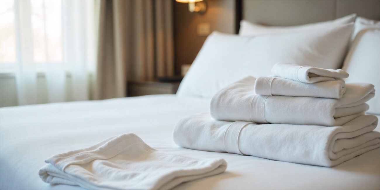 What Is Hotel Linen? Types, Uses, and Quality Standards Explained 5 Hotel linen items including bed sheets, towels, and bathrobes displayed in a clean hotel room setting.