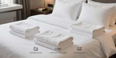 Hotel linen terminology illustrated with neatly arranged bed sheets, towels, and commercial grade hotel linen items in a modern hospitality setting.