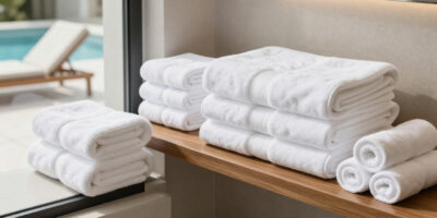 Hotel towels types displayed in a modern hotel bathroom, including white face towels, hand towels, bath towels, hotel bath sheets, and pool towels.
