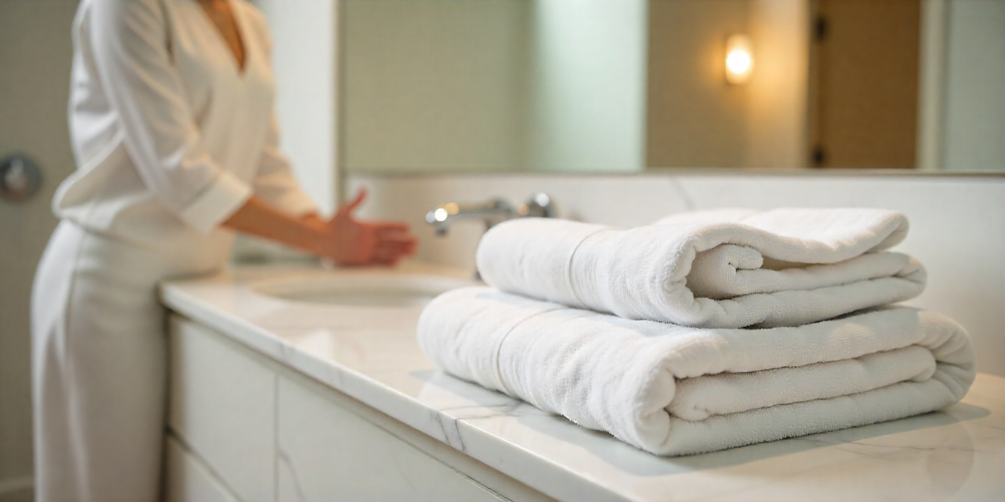 Fresh white towels neatly folded on bathroom counter with housekeeping staff in background