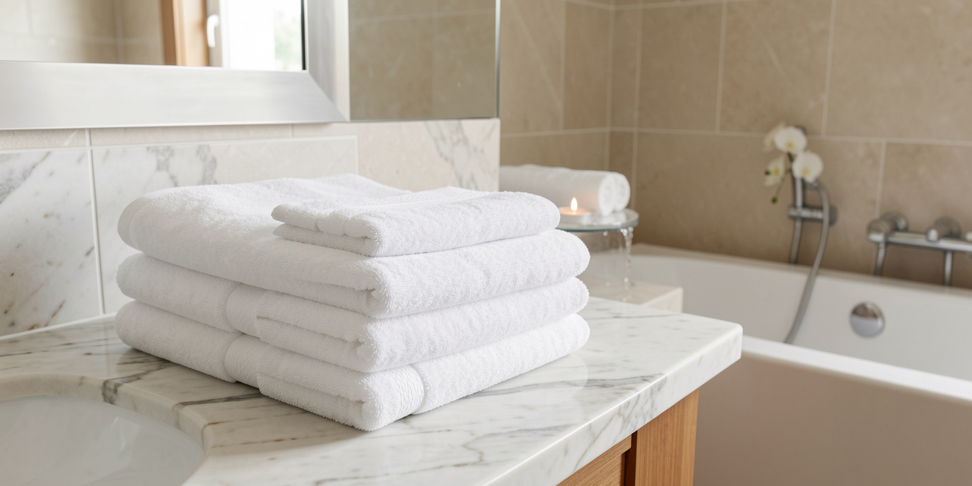 Folded white towels neatly stacked on a marble bathroom countertop with bathtub in background