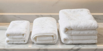 White face, hand, and bath towels arranged by size in a hotel bathroom, showing key differences between face hand bath towels.