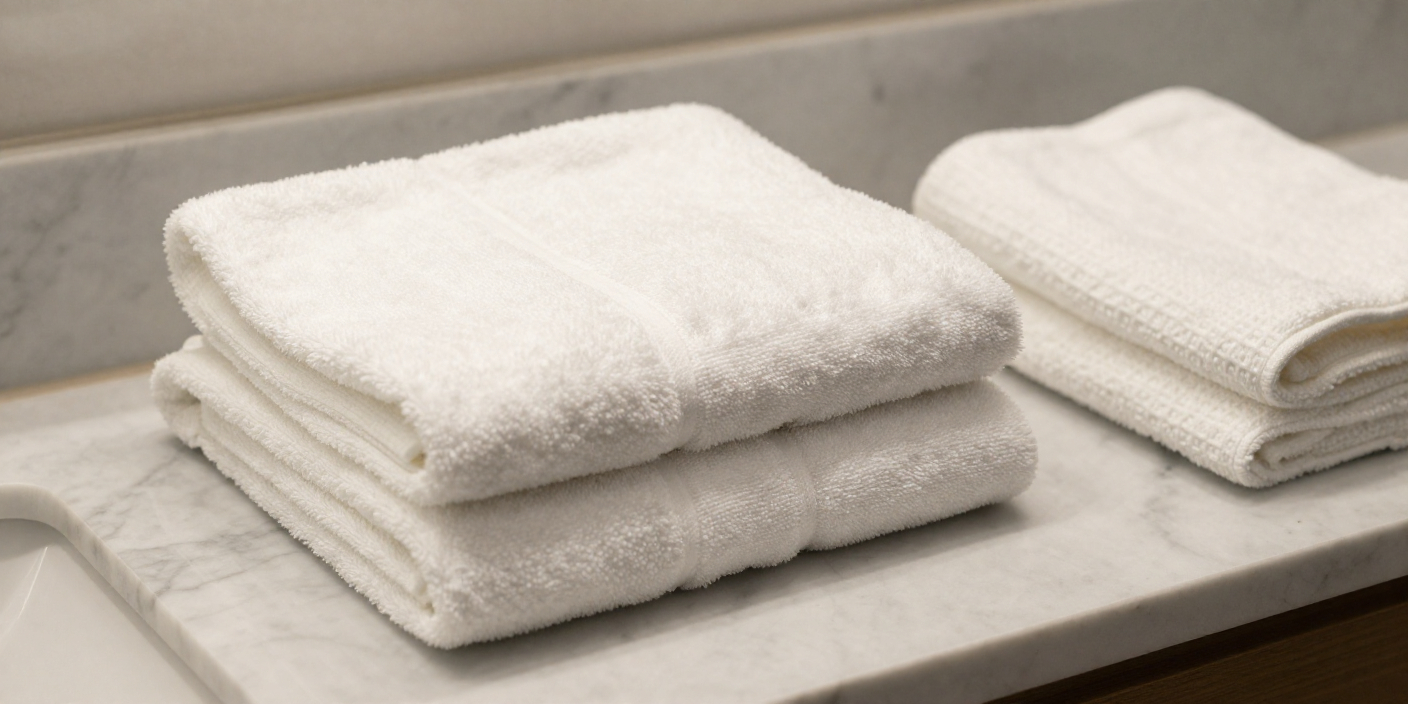 Comparison of plush terry and waffle weave hotel towels highlighting absorbency, durability, and overall hotel towels quality.