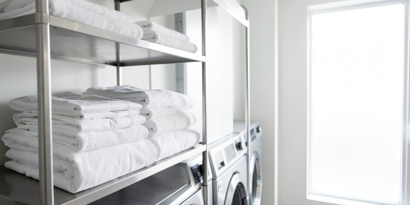 Freshly washed white hotel linens and towels in a commercial laundry, representing hotel linen wash cycles and durability.