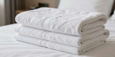 Hotel linen fabrics showing different GSM towels with terry and waffle weave cotton textures neatly arranged in a luxury hotel setting.