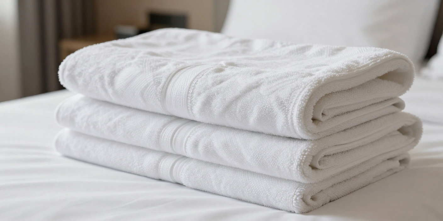 Hotel linen fabrics showing different GSM towels with terry and waffle weave cotton textures neatly arranged in a luxury hotel setting.