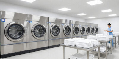 Industrial hotel towel washing facility with commercial machines and neatly folded white towels on stainless steel tables.