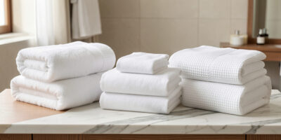Luxury hotel linen cotton towels in terry and waffle weave, showcasing ring-spun, combed, and zero-twist cotton textures