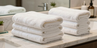 Luxury hotel towels in different GSM ranges, showcasing terry and waffle weave fabrics for hotel towel quality and comfort.