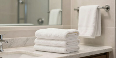 Neatly folded white hotel towels displayed in a modern hotel bathroom for guest comfort and cleanliness