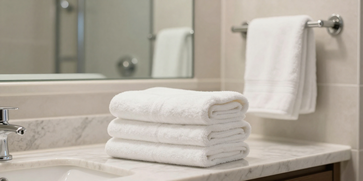 Neatly folded white hotel towels displayed in a modern hotel bathroom for guest comfort and cleanliness