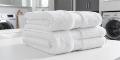 Neatly folded white hotel towels in a modern bathroom highlighting towel durability factors and hotel linen durability standards