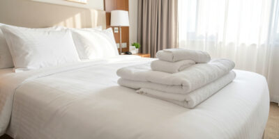 Plush hotel towels and crisp white sheets in a modern hotel room showcasing hotel linen durability and quality.