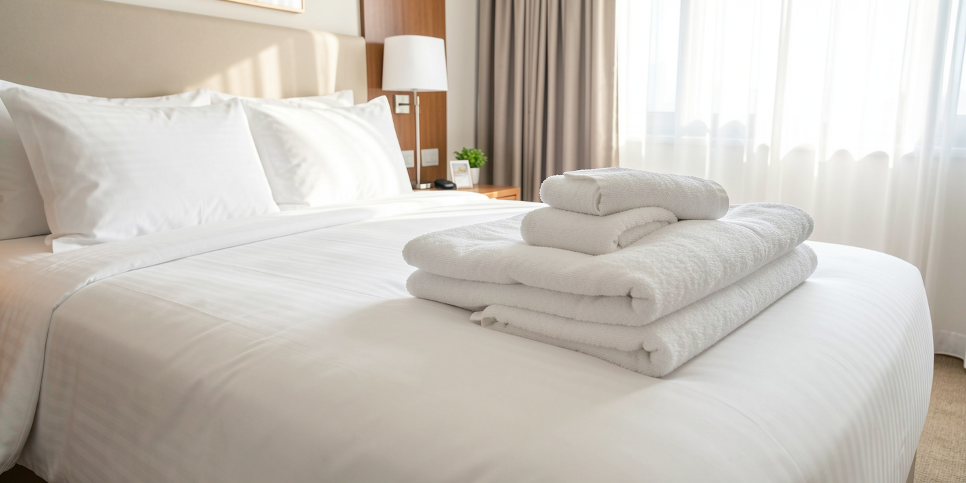 Plush hotel towels and crisp white sheets in a modern hotel room showcasing hotel linen durability and quality.