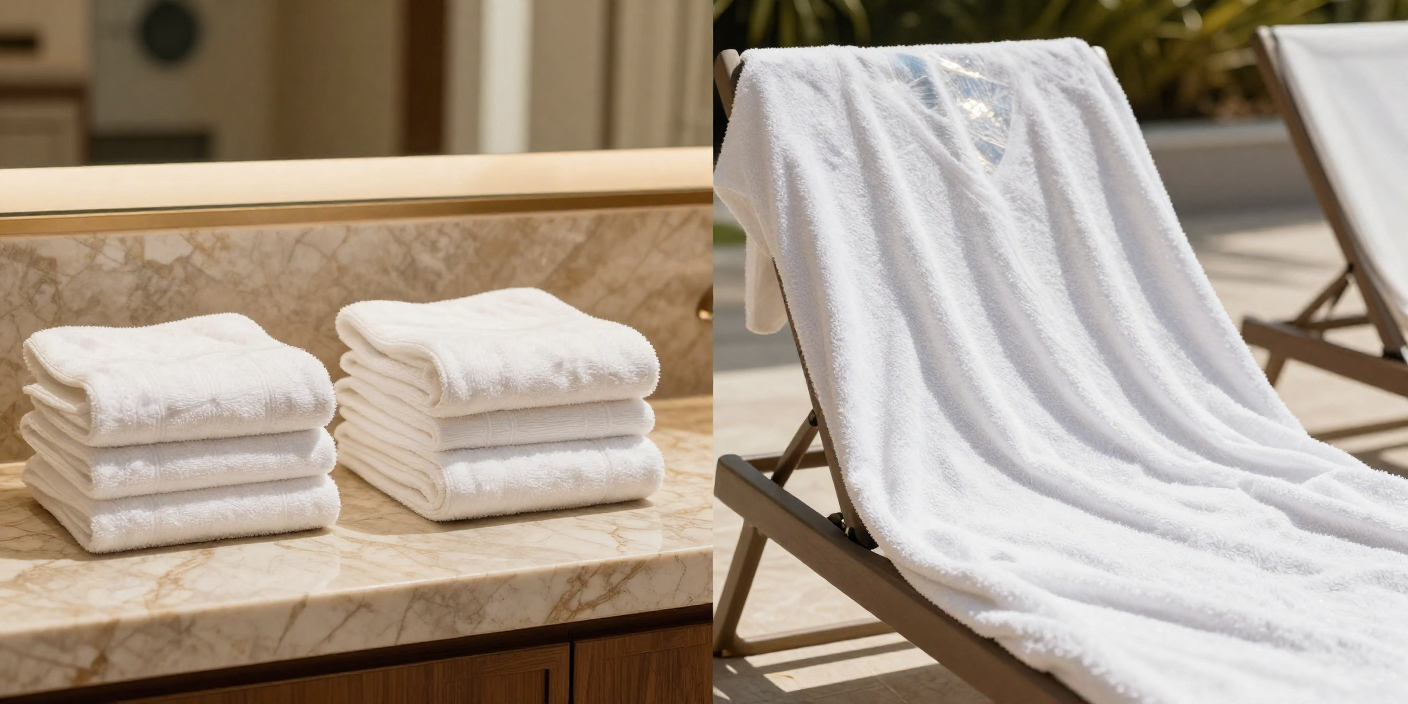 Pool towels vs bath towels comparison showing larger pool towels by a swimming pool and folded white bath towels in a hotel bathroom