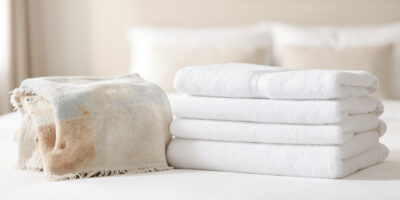 Side-by-side comparison of worn cheap hotel towels and thick high-quality towels in a hotel linen storage room