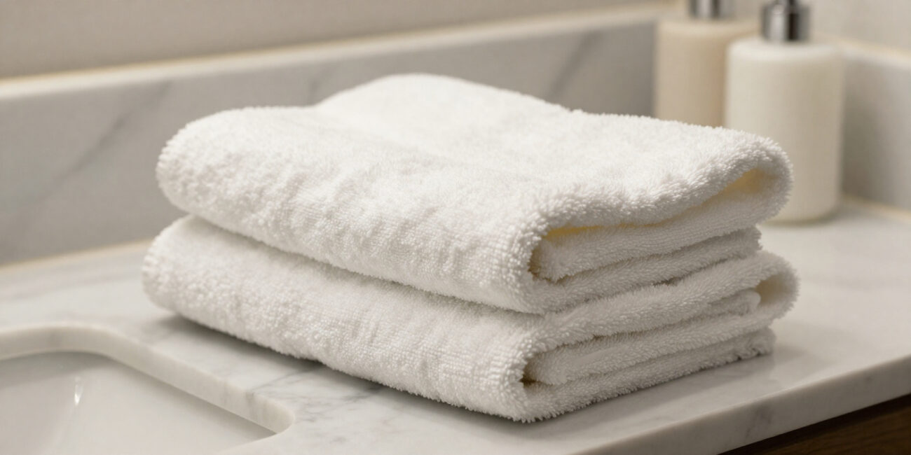 Terry weave and waffle weave hotel towels displayed side by side, highlighting texture differences, absorbency, and hotel linen fabric quality.