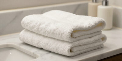 Terry weave and waffle weave hotel towels displayed side by side, highlighting texture differences, absorbency, and hotel linen fabric quality.