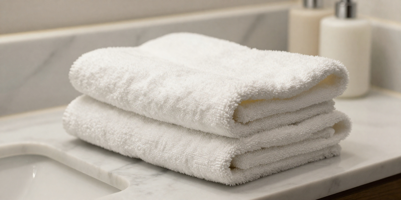 Terry weave and waffle weave hotel towels displayed side by side, highlighting texture differences, absorbency, and hotel linen fabric quality.