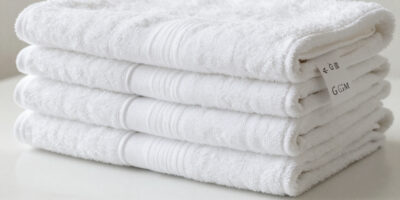White hotel towels in different GSM thicknesses displayed on a luxury bathroom counter, showing towel weight, texture, and hotel towels quality.