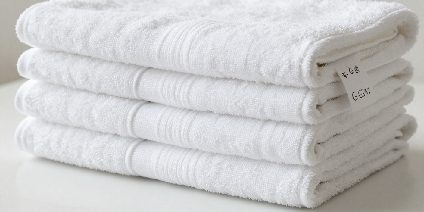 White hotel towels in different GSM thicknesses displayed on a luxury bathroom counter, showing towel weight, texture, and hotel towels quality.